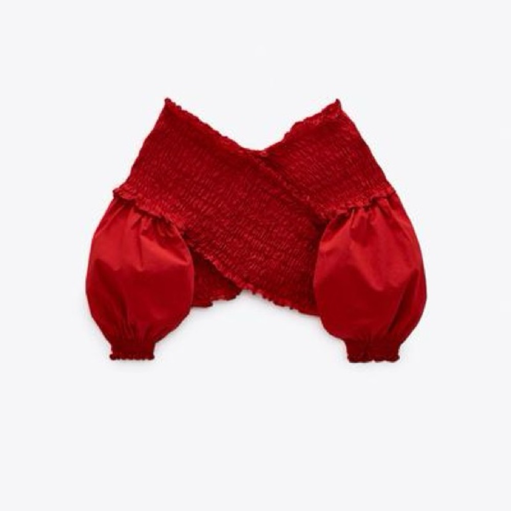 Zara Red Off-Shoulder Smocked Top with Puff Sleeves